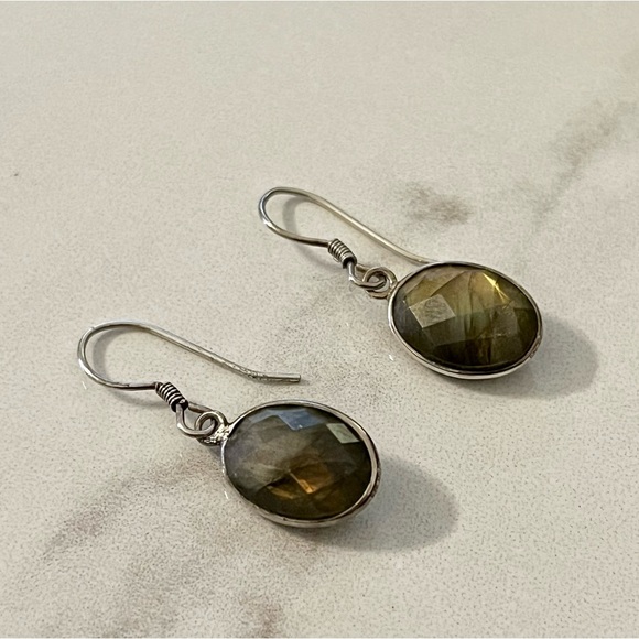 Sterling Silver Faceted Labradorite Gem Earrings Vintage Wedding Engagement - Picture 2 of 12